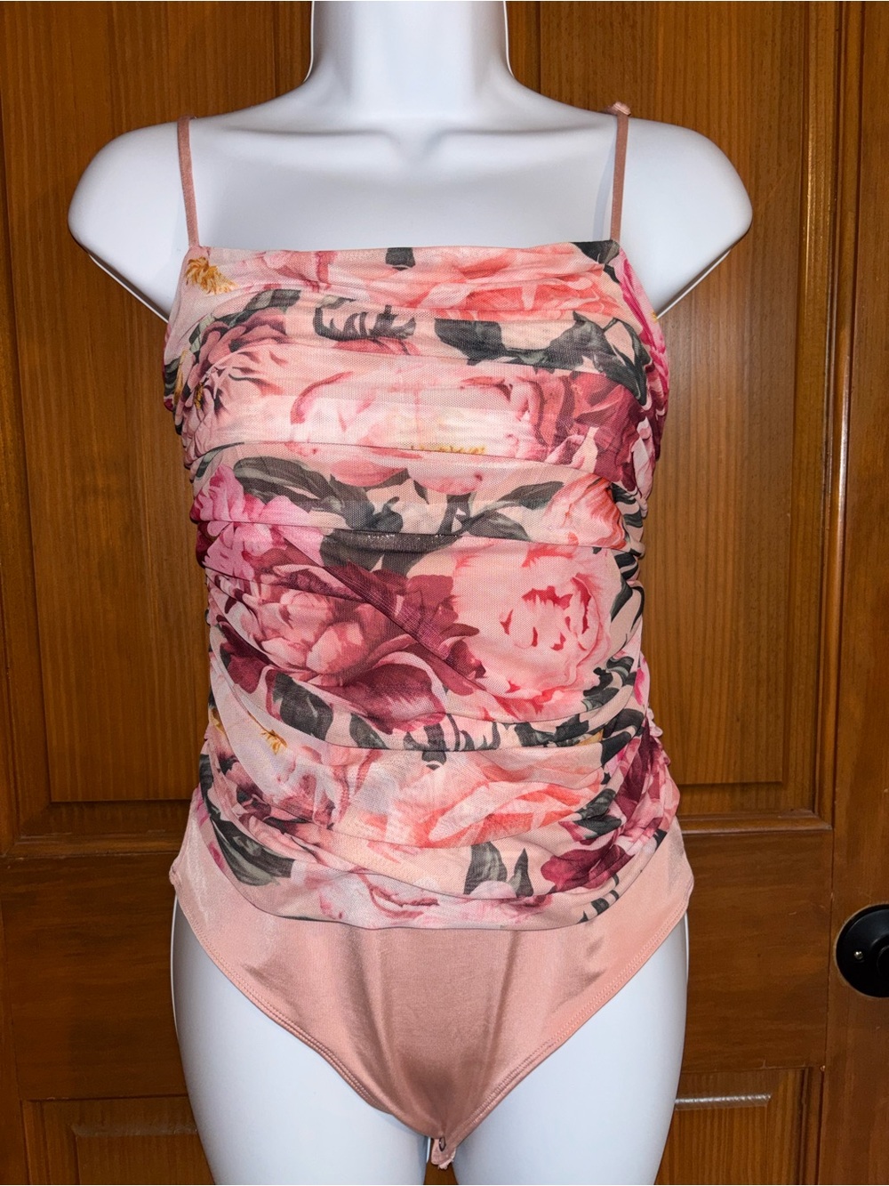 Express Pink Floral Ruched Cami Bodysuit